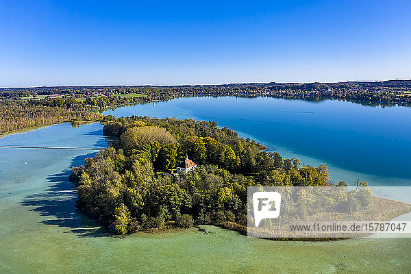 Germany  Bavaria  Bachern  Stranberg district  Aerial view of Worth lake with the Worth island (also called Mausinsel)