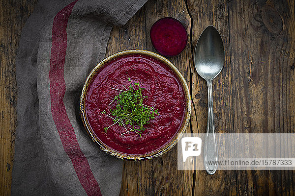 Schale mit veganem Borschtsch mit Kresse-Topping
