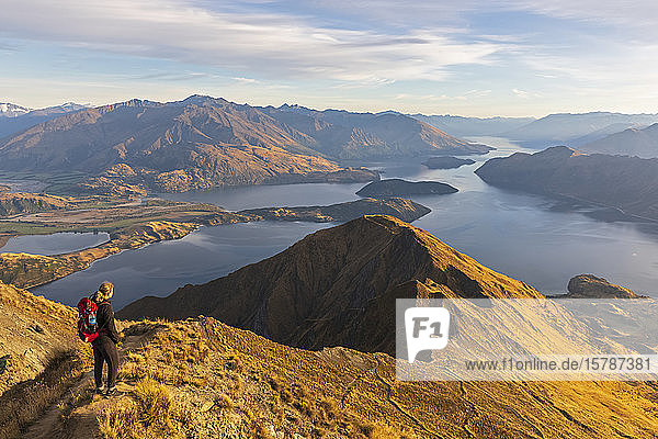 Woman standing on viewpoint at Roys Peak  Lake Wanaka  New Zealand