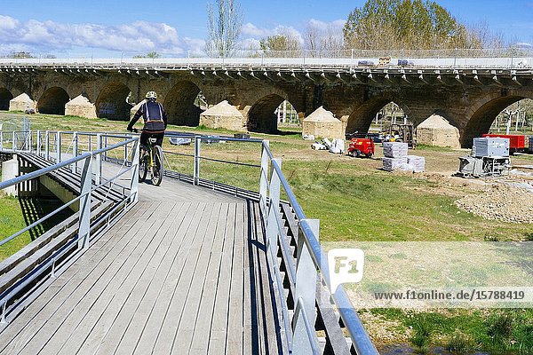 Cyclist next to the medieval bridge in remodeling. Stone bridge over the Porma river. Its origins date from the Roman era  although nothing is preserved from that time. French Way  Way of St. James. Puente Villarente  Villaturiel  León  Castile and Leon  Spain  Europe.