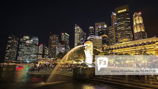 Merlion fountain and business district at night  Singapore  Republic of Singapore.