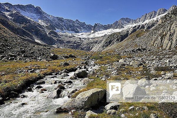 Damma glacier in front of a torrent in autumnal surroundings  Göscheneralp  Canton Uri  Switzerland  Europe
