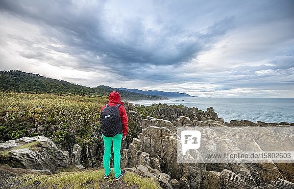 Young woman looking at coastal landscape of sandstone rocks  Pancake Rocks  Paparoa National Park  Punakaiki  West Coast  South Island  New Zealand  Oceania
