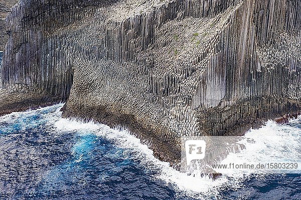Basalt rock formation Los Organos  Organ Pipe Rock  near Vallehermoso  aerial view  La Gomera  Canary Islands  Spain  Europe