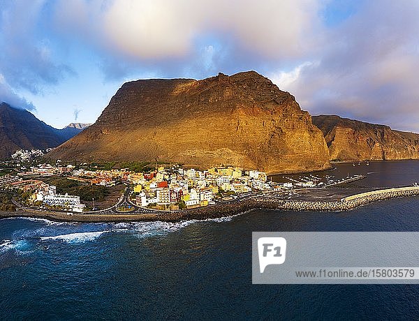 Vueltas with fishing harbour and mountain Tequergenche in the evening light Valle Gran Rey aerial view La Gomera Canary Islands Spain Europe
