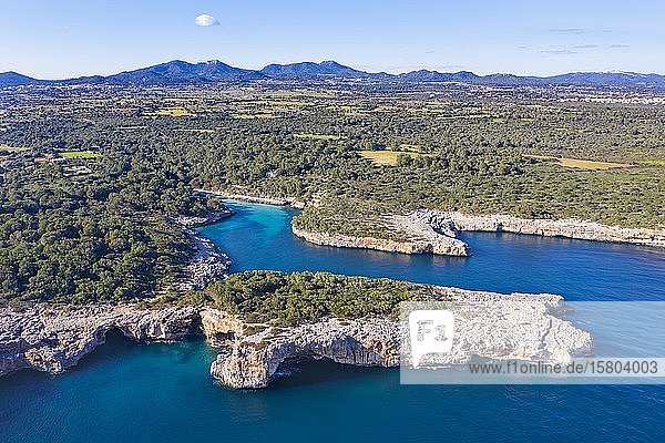 Cala Sa Nau with Forat d'en Mengo  near Cala d'Or  Migjorn region  drone shot  Majorca  Balearic Islands  Spain  Europe