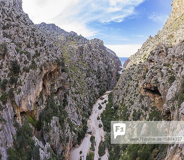 Canyon Torrent de Pareis  near Sa Calobra  Serra de Tramuntana  drone recording  Majorca  Balearic Islands  Spain  Europe