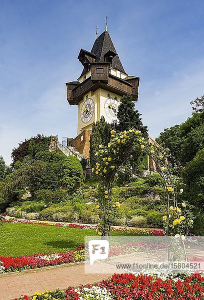 Rose garden on the Schlossberg with clock tower Graz Styria Austria Europe