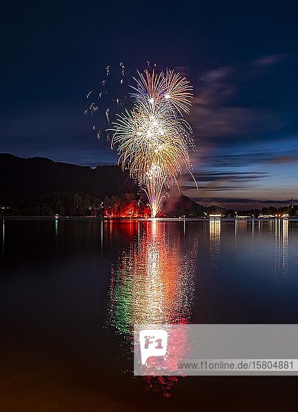 Fireworks at Lake Schliersee  reflection  Upper Bavaria  Bavaria  Germany  Europe