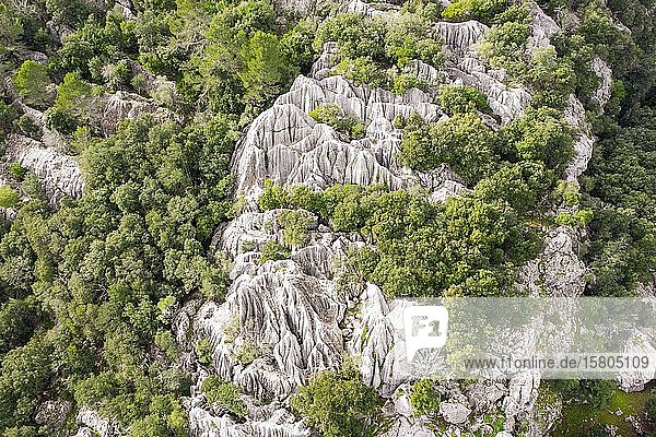 Erodierte Kalksteinfelsen  Serra de Tramuntana  Drohnenaufnahme  Mallorca  Balearen  Spanien  Europa