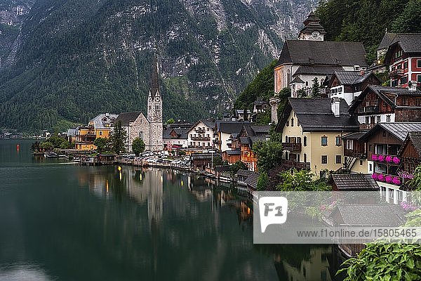 Village view Hallstatt with church Hallstätter See Salzkammergut cultural landscape Hallstatt-Dachstein SalzkammergutUpper Austria Austria Europe
