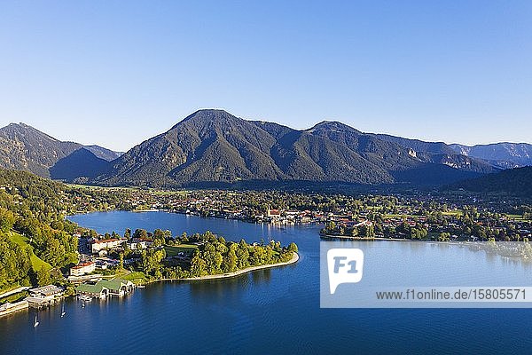 Lake Tegernsee  Point peninsula and Rottach-Egern  Wallberg  drone shot  Upper Bavaria  Bavaria  Germany  Europe