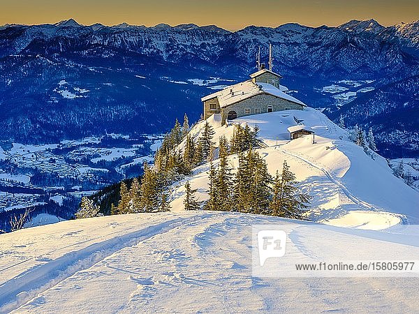Kehlsteinhaus einsame Skispur am Kehlstein Winterlandschaft Nationalpark Berchtesgaden Berchtesgadener Alpen Schönau am Königssee Berchtesgadener Land Oberbayern Bayern Deutschland Europa