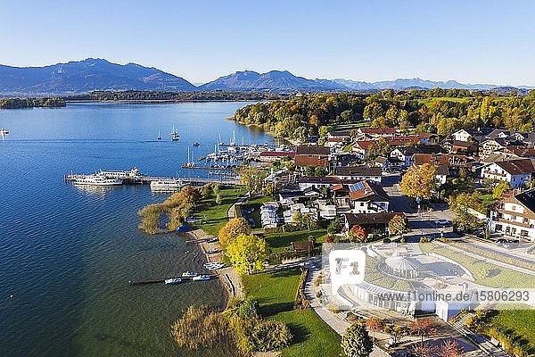 Boat landing stage and townscape  Gstadt am Chiemsee  Chiemsee  Chiemgau  aerial view  Upper Bavaria  Bavaria  Germany  Europe