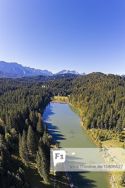 Lake Grubsee and Wetterstein range  near Krün  Werdenfelser Land  drone shot  Upper Bavaria  Bavaria  Germany  Europe