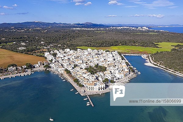 Portocolom  historic town centre and old port  Migjorn region  aerial view  Majorca  Balearic Islands  Spain  Europe