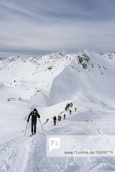 Ski tourers in the snow  ascent to the Klammspitzen  behind Mölser Sonnenspitze  Wattentaler Lizum  Tuxer Alps  Tyrol  Austria  Europe