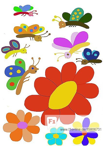 Naive Illustration  Kinderzeichnung  Schmetterlinge auf der Blumenwiese  Deutschland  Europa