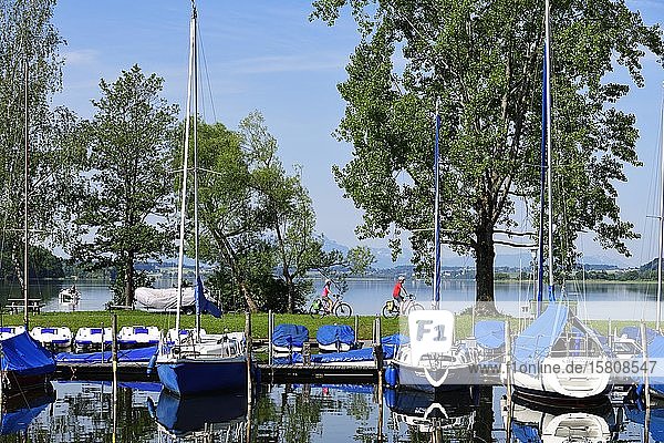 Couple with electric bikes in the port of Matzing on Lake Wallersee Salzburg Lake District Salzburg Land Austria Europe