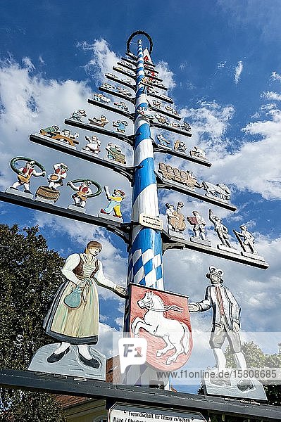 Maypole with guild sign  Hague in Upper Bavaria  Upper Bavaria  Bavaria  Germany  Europe