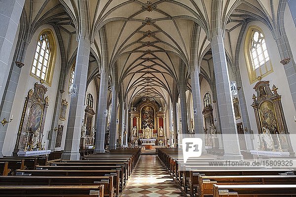 Interior view nave collegiate parish church St. Philipp and Jakob Altötting Upper Bavaria Bavaria Germany Europe