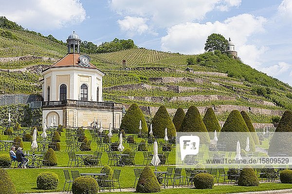 Belvedere in the castle park Wackerbarth with Jacobstein  in the background the vineyards  Radebeul  Saxony  Germany  Europe