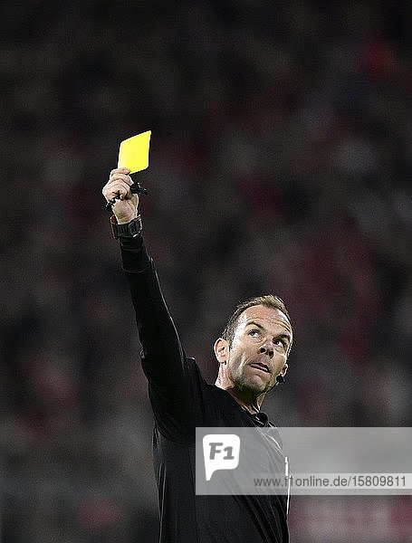 Schiedsrichter Referee Marco Fritz zeigt gelbe Karte Allianz Arena München Bayern Deutschland Europa