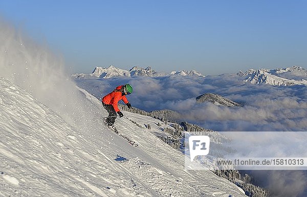 Female skier descending steep slope  black slope  mountains behind  SkiWelt Wilder Kaiser  Brixen im Thale  Tyrol  Austria  Europe