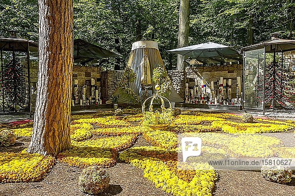 Madonnenstatue  Blumenteppich mit goldener Krone der Jungfrau Maria  Mariengrotte im Wald  Wallfahrtsort Maria Vesperbild  Ziemetshausen  Günzburg  Schwaben  Bayern  Deutschland  Europa