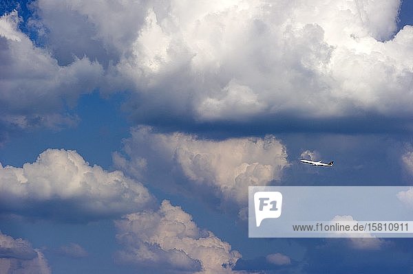 Gewitterwolken  Cumulonimbus  Lufthansa Passagierflugzeug über dem Flughafen München  Freising  Oberbayern  Bayern  Deutschland  Europa