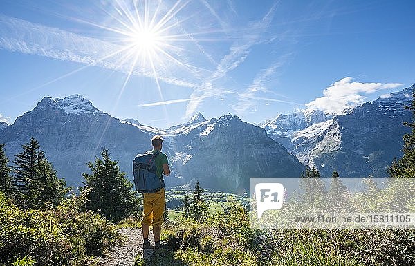 Hikers on the hiking trail to Bachalpsee  behind snow-covered Schreckhorn and Wetterhorn  Grindelwald  Bern  Switzerland  Europe