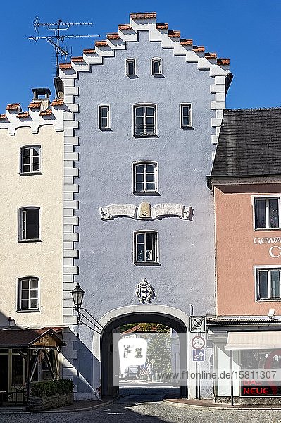 Church gate  medieval town gate  church gate square  Dorfen  Upper Bavaria  Bavaria  Germany  Europe