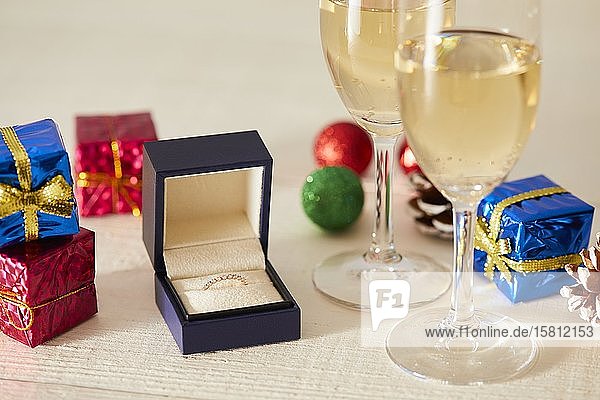 Diamond ring and sparkling wine
