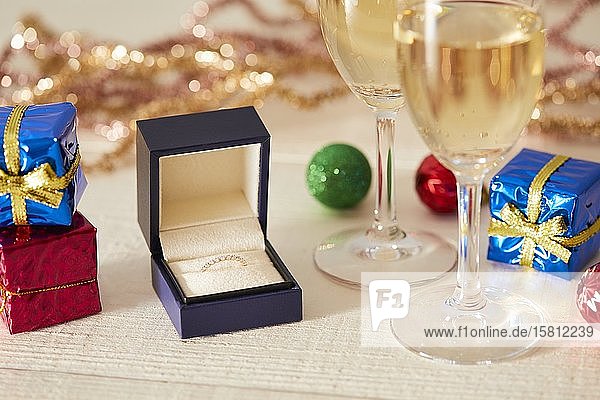 Diamond ring and sparkling wine