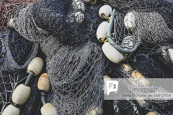 Pile commercial fish nets and gill nets Fishermen's Terminal Seattle Washington