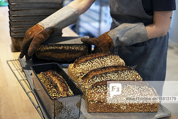 Close up of person wearing oven gloves placing freshly baked seeded loaves of bread on a tray in an artisan bakery.