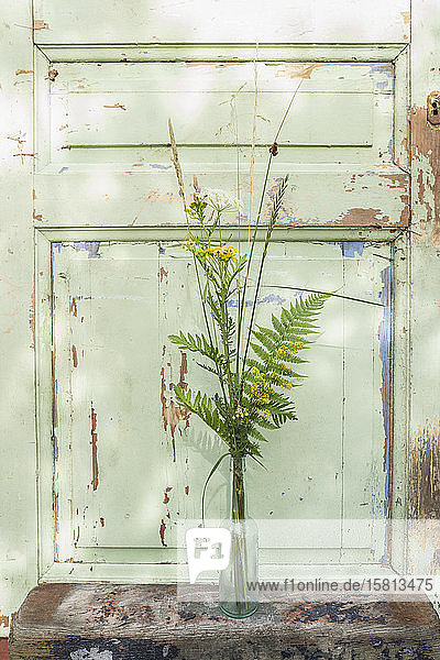 Gelbe und grüne Blumenstiele in einer Vase an einer Tür mit abgeplatzter Farbe