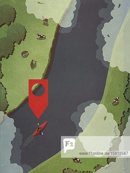 Karten-Pin-Symbol über einer Person  die mit dem Kajak einen Fluss entlangfährt