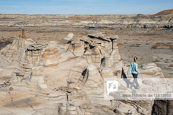 Wanderung um Hoodoo-Sandsteinformationen in der Bisti/De-Na-Zin Wilderness  New Mexico  Vereinigte Staaten von Amerika  Nordamerika