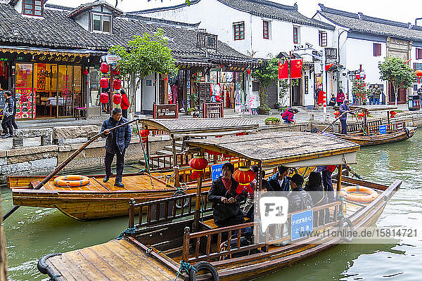 View of boats on waterway in Zhujiajiaozhen water town  Qingpu District  Shanghai  China  Asia
