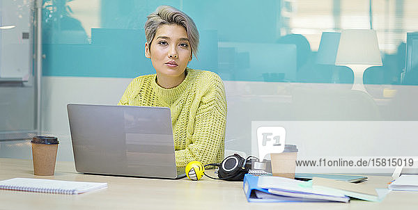 Porträt einer selbstbewussten  entschlossenen jungen Geschäftsfrau  die an einem Laptop arbeitet