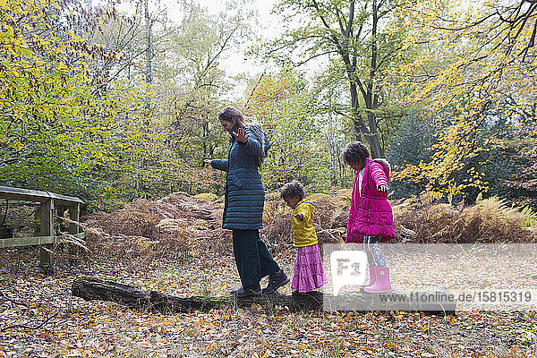 Mutter und Töchter balancieren auf einem umgestürzten Baumstamm im Herbstwald