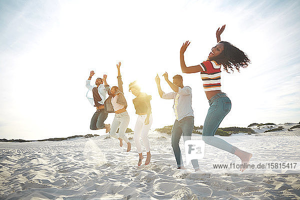 Portrait verspielte  energiegeladene junge Freunde  die am sonnigen Sommerstrand vor Freude springen