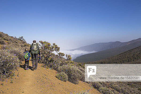 Rear view of a father with his son trekking in the Arenas Negras area  Teide National Park  Tenerife