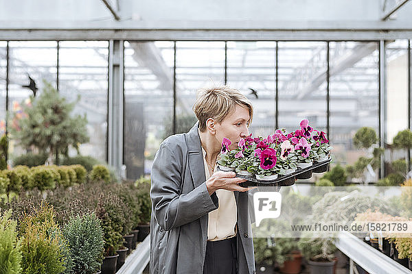 Smiling woman with pansies in flower shop
