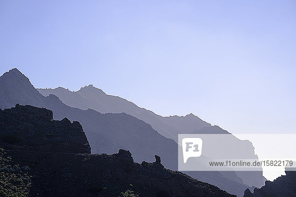 Spain  Santa Cruz de Tenerife  Taguluche  Clear sky over silhouettes of mountains of La Gomera island