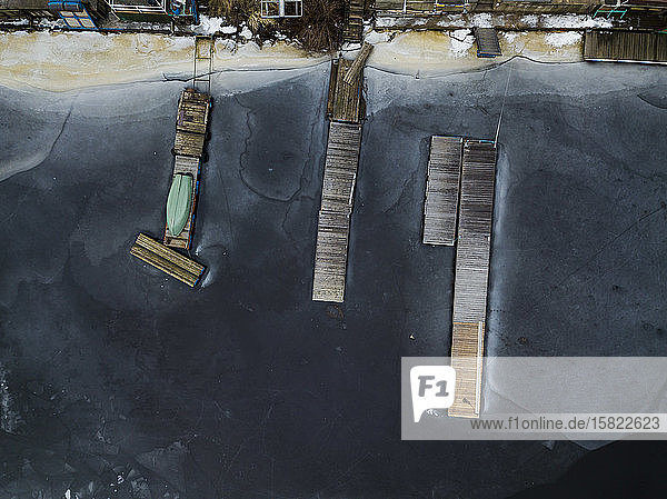 Russia Saint Petersburg Sestroretsk Aerial view of jetties on frozen shore of Gulf of Finland