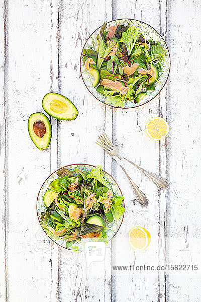 Zwei Teller verzehrfertiger grüner Salat mit Rucola Lollo Rosso-Salat Babyspinat Rote-Bete-Blättern Avocado Feldsalat und Lachs