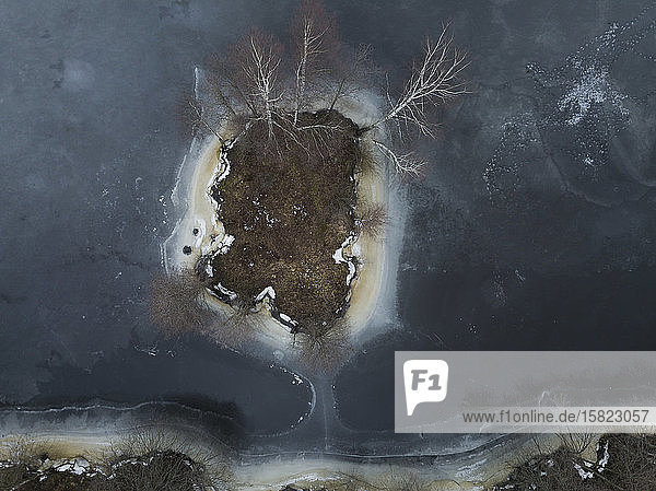 Russia Saint Petersburg Sestroretsk Aerial view of islet in frozen pond
