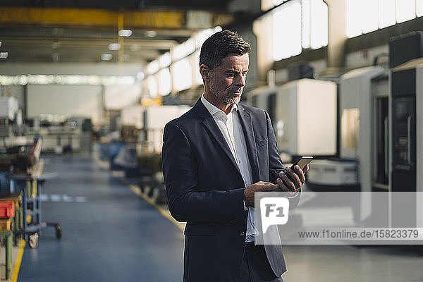Mature businessman using cell phone in a factory